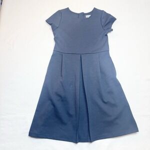Lands End Short Sleeve Pleated Ponte Dress Girls 8 Stretch Navy Academia Classic